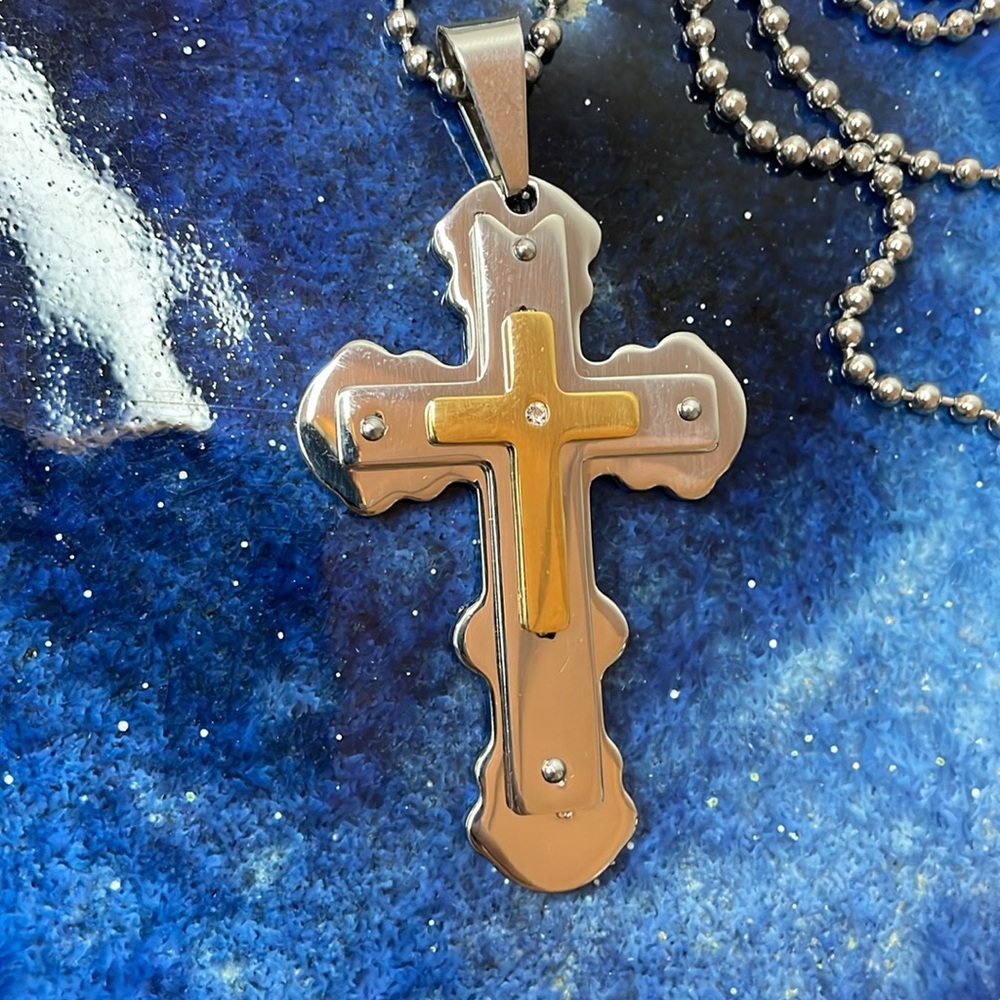 23” inch two tone stainless steel cross with rhinestones on dot chain necklace